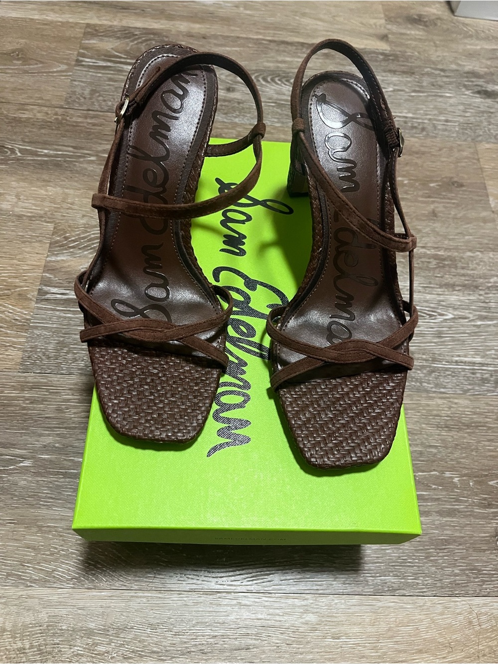 Sam Edelman Brown Leather Woven Strappy Thin Block Heel Sandals